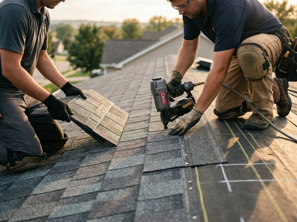 Professional roofer working on a residential roof in Haslet